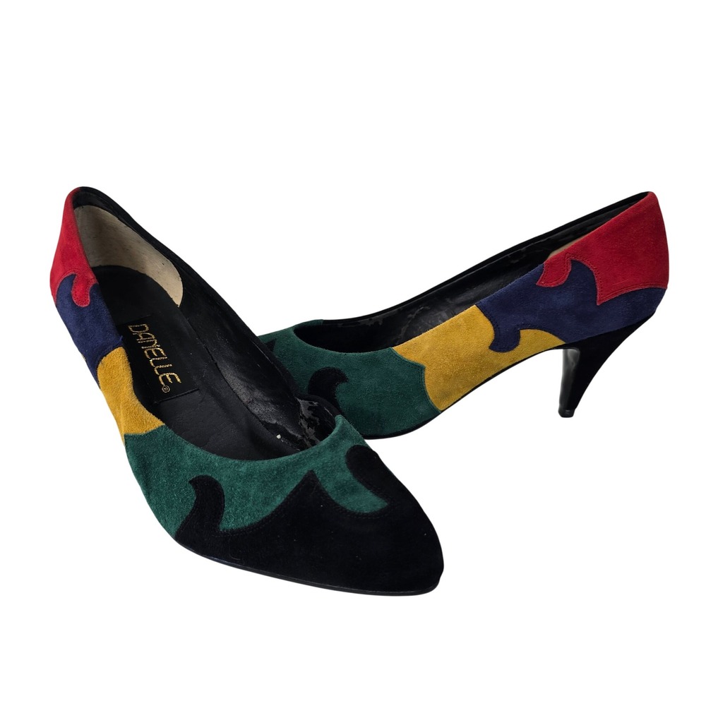 Danelle‎ Womens Colorblock Suede Abstract Art Pump Pointed Toe Vintage Size 8M